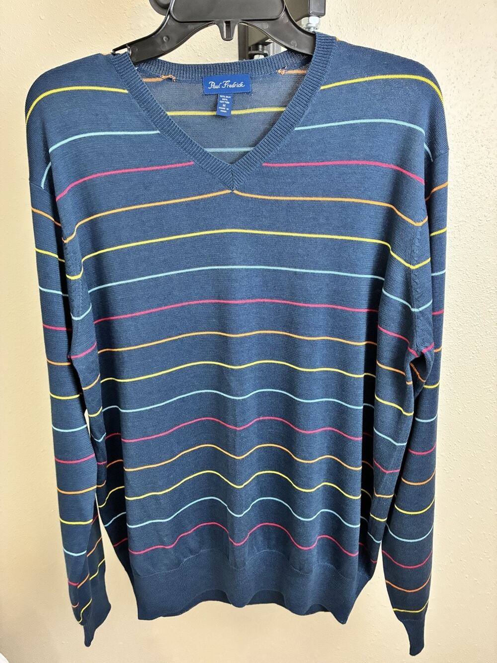 Paul Fredrick V-Neck Silk Blend Pullover Sweater Striped Men's M Long Sleeve